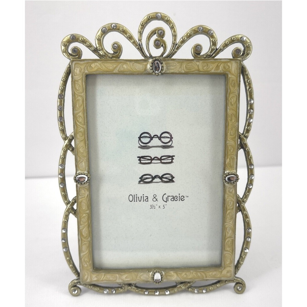 Olivia & Gracie Pewter Swirls Rhinestones Beige Enamel Picture Frame 3.5x5 Inch